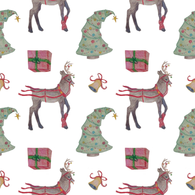 Bu neşeli desende neşeli ren geyikleri, tuhaf Noel ağaçları, renkli hediyeler ve şenlikli çanlar sergileniyor. Bayram süslemeleri, ambalaj kağıtları ya da eğlence yaymak için sezonluk tasarımlar için ideal..