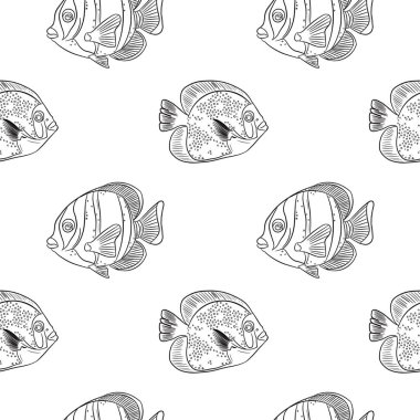 Çizgi şeklinde çizilmiş tropikal akvaryum balığıyla kusursuz desen. Aydınlık arka planda izole edilmiş siyah deniz hayvanları. Tekrarlayan okyanus balığı dokusu kumaş, duvar kağıdı, ambalaj kağıdı, tekstil, ambalaj, çocuk tasarımı ve marin için mükemmeldir.
