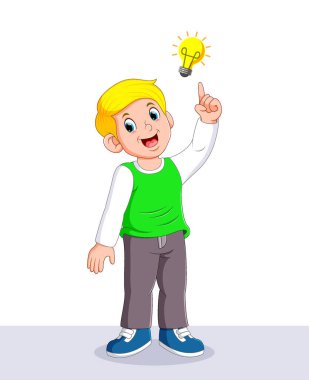 Üzerinde sarı lamba olan parlak fikri düşünen çocuğun çizimi.