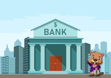 Kunduzun karikatürü bankanın önünde yürüyor ve bavulu getiriyor.