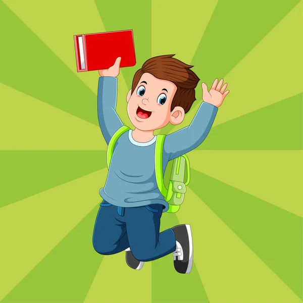 Ilustración Del Niño Sosteniendo Libro Rojo Saltando Con Cara Feliz — Vector de stock