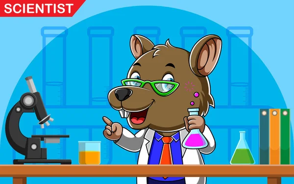 Ilustrace Malé Vědkyně Myši Držící Chemickou Kapalinu Laboratoři — Stockový vektor