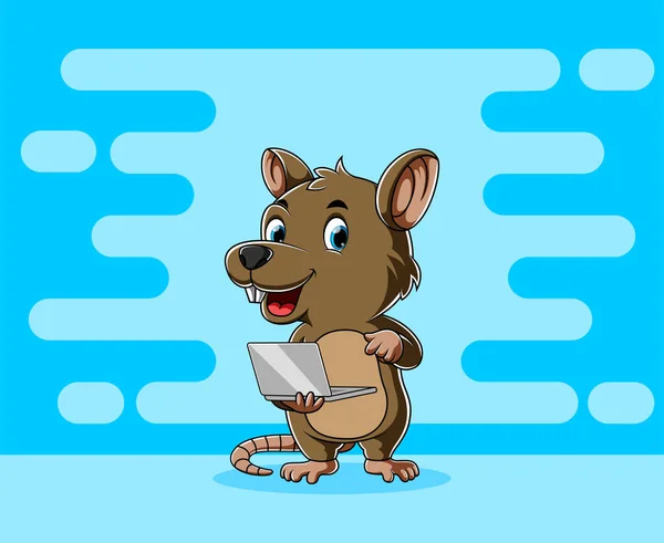 Cartoon Big Rat Standing Holding Laptop His Hands — Stock Vector