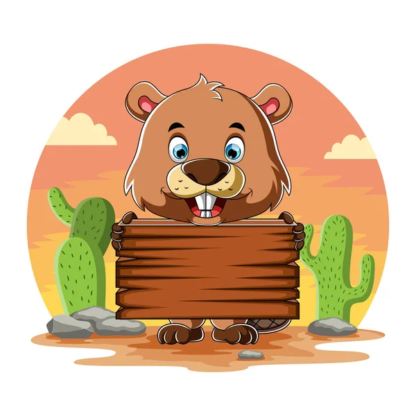 Cartoon Beaver Holding Blank Wooden Board Standing Cactus — Stock Vector