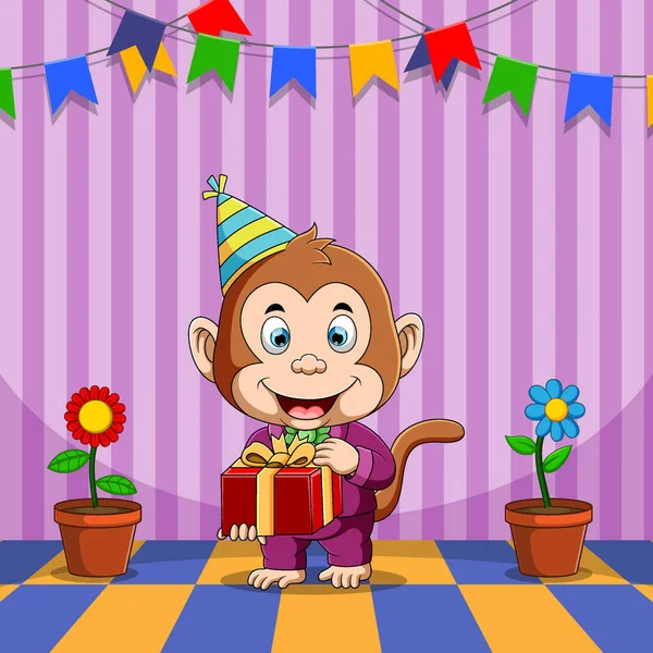 Illustration Monkey Celebrate His Birthday Holding Red Box Gift Happy — Stock Vector