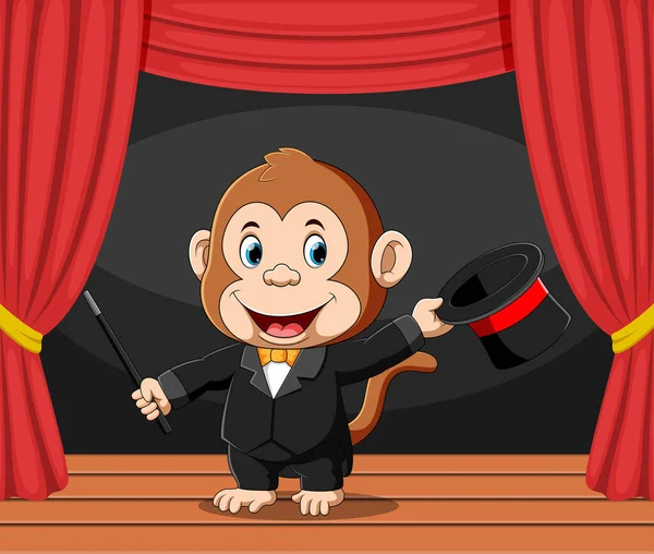 Απεικόνιση Του Μάγου Μαϊμού Κάνει Αξιοθέατα Στο Στάδιο Χαρούμενο Πρόσωπο — Διανυσματικό Αρχείο