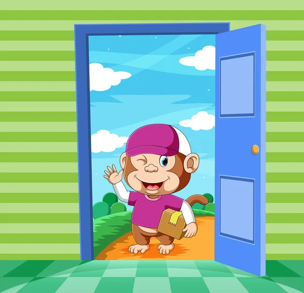 Obrázek Opičího Kurýra Purpurové Uniformě Držícího Krabici Balíčkem — Stockový vektor