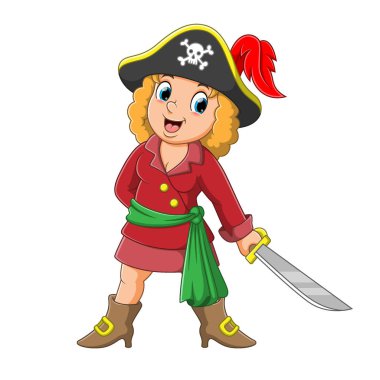 Güzel korsan kız, elinde çizim kılıcı tutuyor.