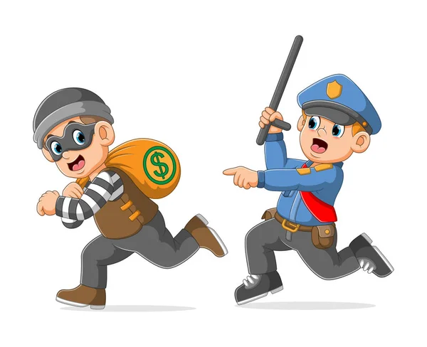 Αστυνομία Κυνηγάει Πιάσει Τον Κλέφτη Κρατάει Την Τσάντα Χρήματα Της — Διανυσματικό Αρχείο