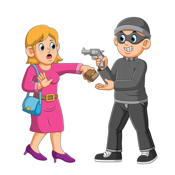 Ladro Con Pistola Sta Rubando Portafoglio Alle Donne Dell Illustrazione — Vettoriale Stock