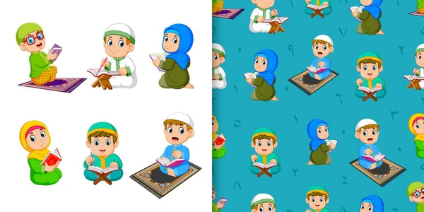 Коллекция Детей Перечитывающих Коран Наборе Рисунков Иллюстрации — стоковый вектор