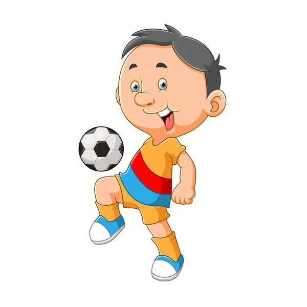 少年はイラストの幸せな顔でサッカーをしています — ストックベクタ