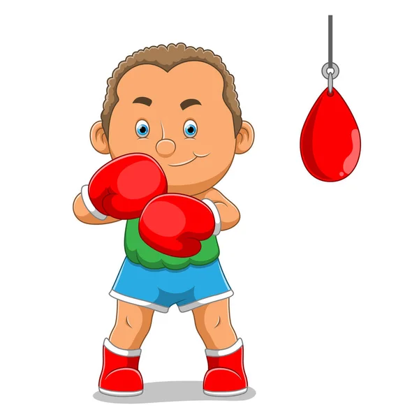 Niño Está Usando Los Guantes Rojos Jugando Boxeador Ilustración — Vector de stock