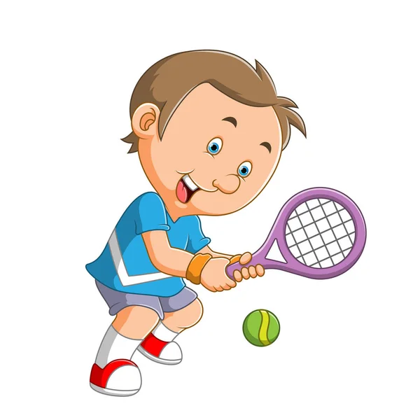 Pojken Håller Tennisracket Och Poserar Som Proffs Illustrationen — Stock vektor