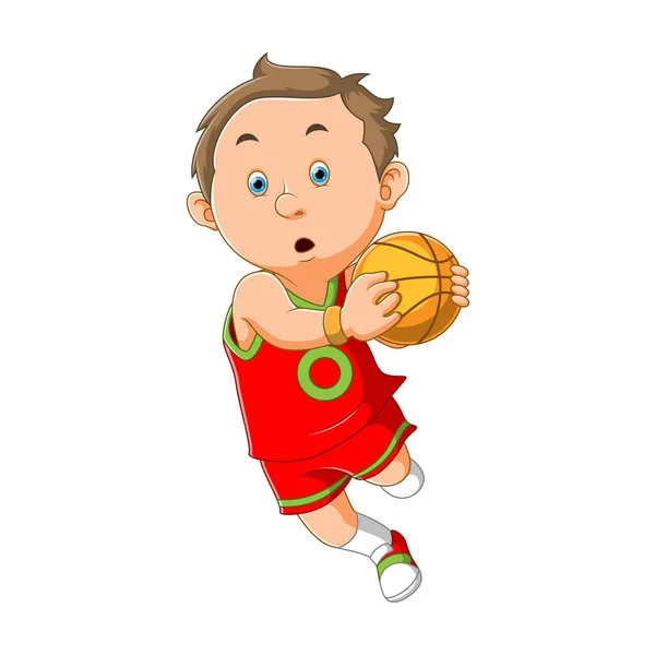 Garçon Tient Ballon Basket Joue Panier Illustration — Image vectorielle
