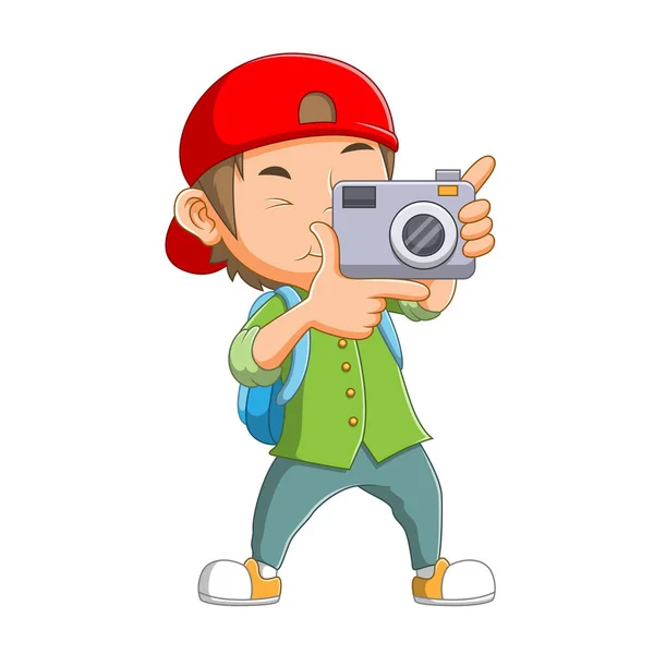 Boy Camera His Hand Trying Take Photo Illustration — Stock Vector
