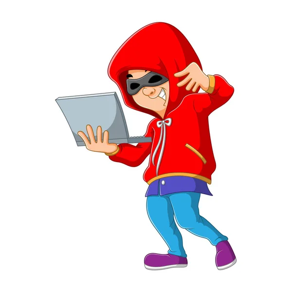 Hacker Man Carrying Laptop Wearing Hoodie Black Glasses Illustration — Stock Vector