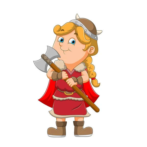Viking Kızın Askeri Baltayı Tutuyor Viking Resimli Kıyafetini Giyiyor — Stok Vektör