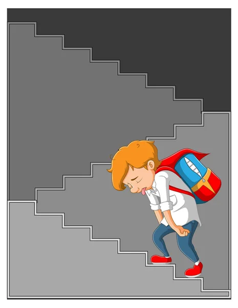 Yorgun Çocuklar Üniformasını Giyip Merdivenlerde Yürüyorlar Resimden Bir Çanta Getiriyorlar — Stok Vektör