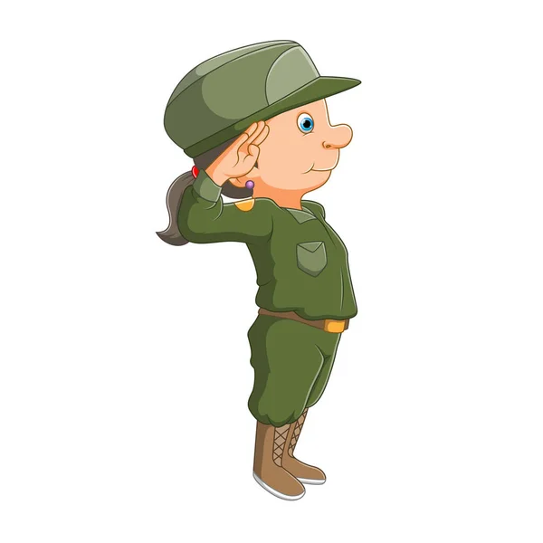 Armádní Dívka Sobě Armádní Oblek Stojí Respektem Ilustraci — Stockový vektor