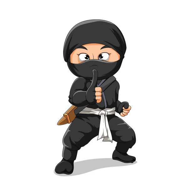 Ninjan Bär Svart Kostym Och Ger Tummen Upp Illustrationen — Stock vektor