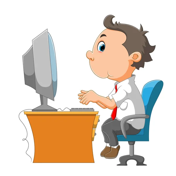 Employee Man Sitting Front Computer Illustration — Stock Vector