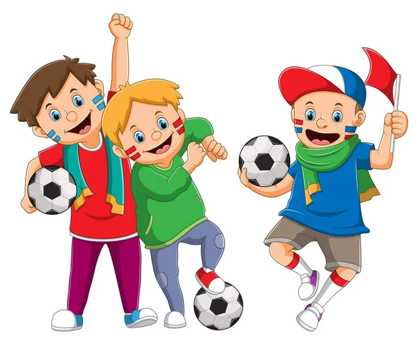 Коллекция Мальчиков Поддерживает Футбол Счастливым Лицом Иллюстрации — стоковый вектор