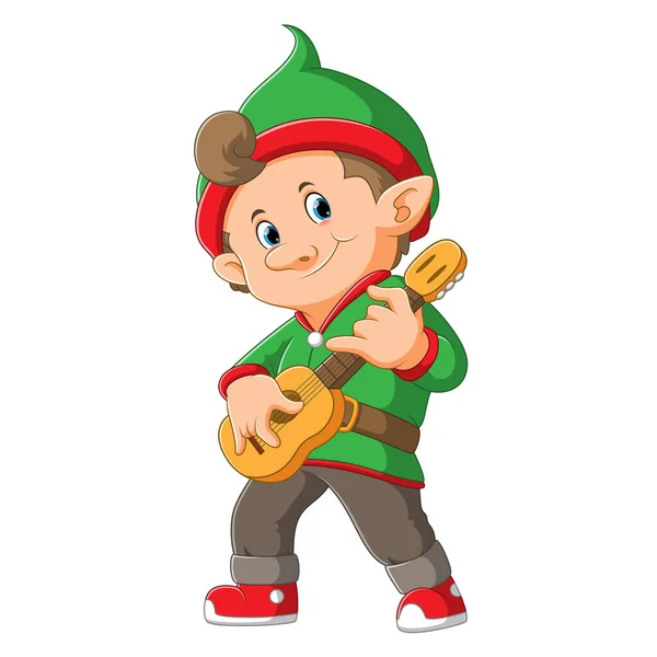 Hombre Elfo Está Tocando Guitarra Madera Con Cara Feliz Ilustración — Archivo Imágenes Vectoriales