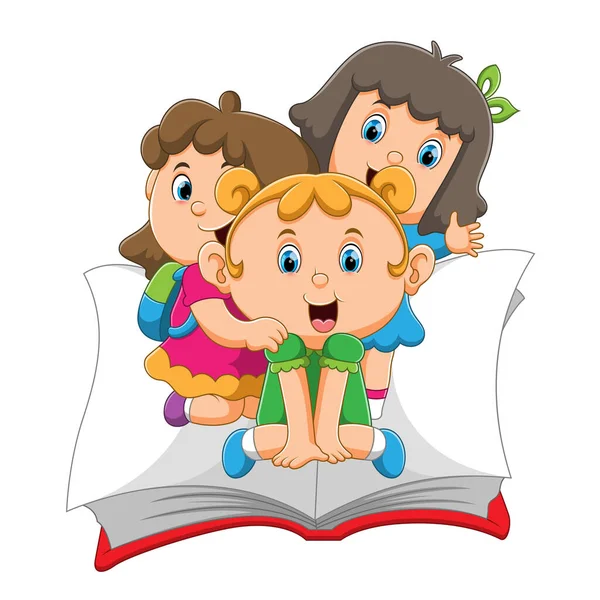 Dzieci Siedzą Wielkiej Książce Machają Ilustracją — Wektor stockowy