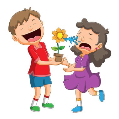 Kız, çiçek fışkırtan çocuk şakası yüzünden ağlıyor. İllüstrasyon suyu.