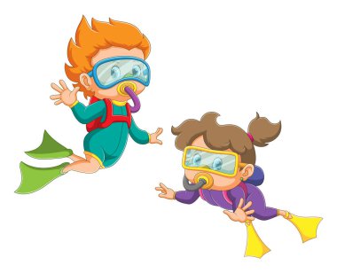 Kız ve erkek dalış kıyafeti ve resimli palet kullanıyor.