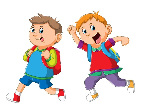 Los Chicos Estudiantes Van Escuela Con Colorido Uniforme Ilustración — Vector de stock