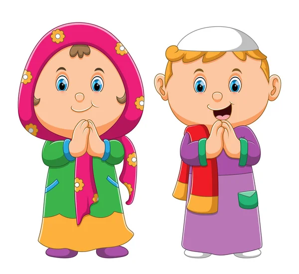 Collection Muslim Boy Girl Giving Greeting Illustration — Stock Vector