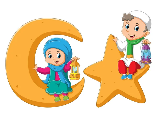 イスラム教徒の子供たちは イラストの星と月に座って提灯を保持しています — ストックベクタ