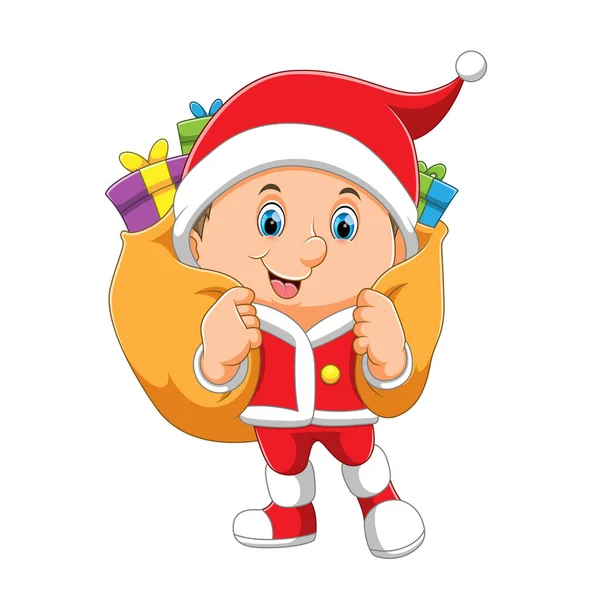 Мальчик Костюме Санта Клауса Несет Большой Мешок Подарками Иллюстрации — стоковый вектор