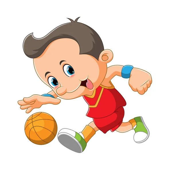 Niño Está Jugando Goteando Bola Cesta Ilustración — Vector de stock