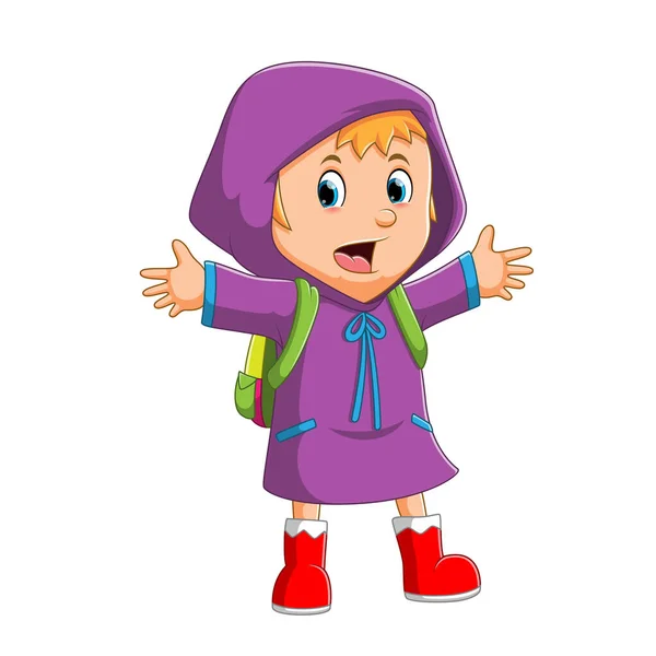 Chica Feliz Escuela Con Impermeable Lindo Ilustración — Vector de stock