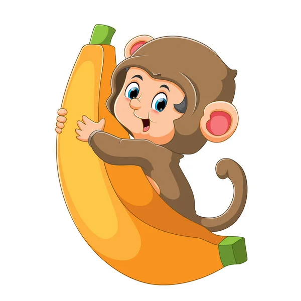 Little Boy Wearing Monkey Costume Hugging Big Banana Illustration — Stock Vector