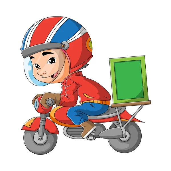 Мужчина Несет Коробку Мотоциклом Иллюстрации — стоковый вектор