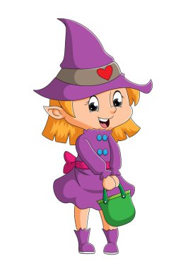 Küçük cadı kız elinde parlak yeşil bir illüstrasyon sepetiyle dikiliyor.