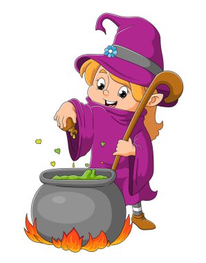 Küçük cadı kız iksiri çizim kabında yapıyor.