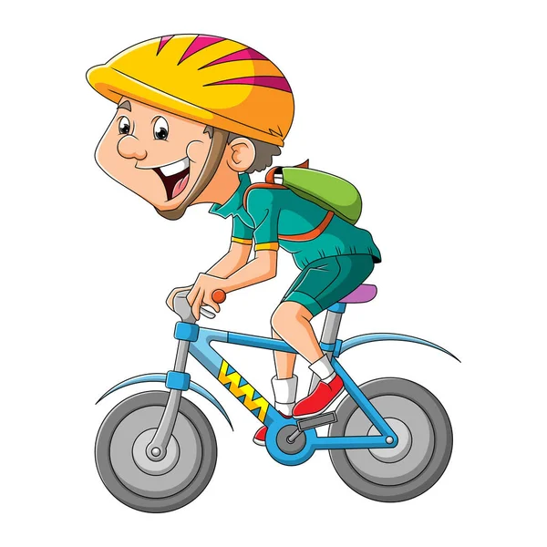 Chico Deportivo Está Montando Bicicleta Ilustración — Vector de stock