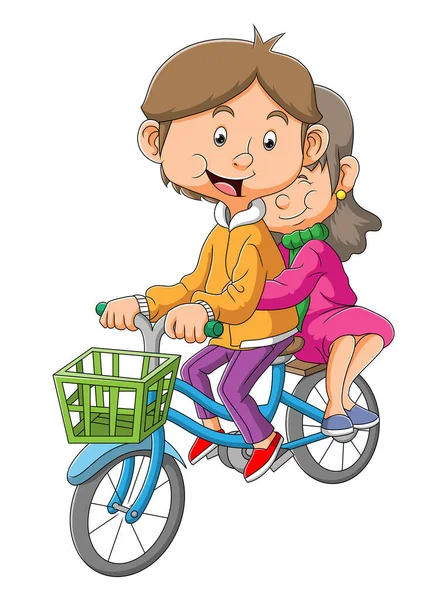 Pareja Está Montando Bicicleta Juntos Ilustración — Vector de stock