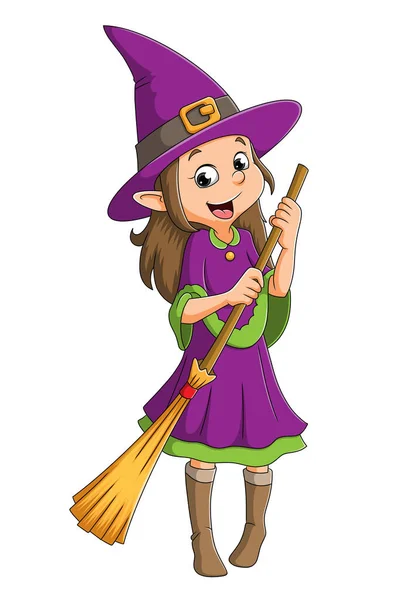 Witch Girl Holding Magic Broom Halloween Illustration — Stock Vector