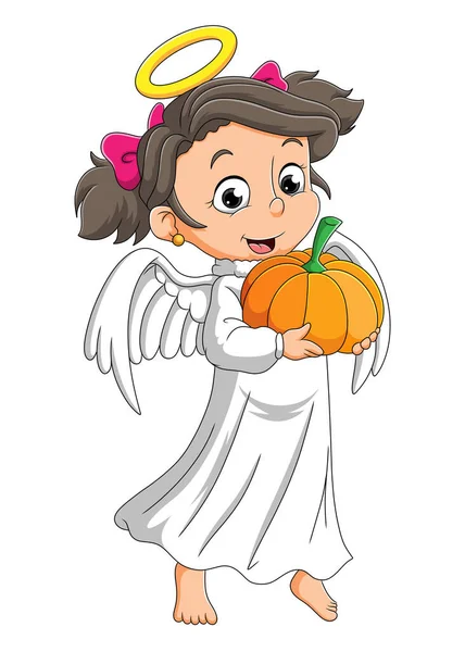Girl Angel Costume Holding Pumpkin Illustration — Stock Vector