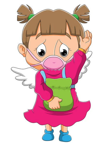 Sad Little Girl Angel Costume Wearing Mask Illustration — Stock Vector