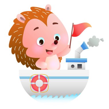 Küçük bir teknede yelken açan sevimli ve sevimli bir kirpi karakteri. Mutlu ifadesi ve yumuşak renkleriyle, illüstrasyon tarzında dost canlısı bir hayvan maskotu. Beyaz arka planda izole edilmiş. Çocuklar için ideal içerik, eğitim, hikaye kitapları, oyunlar, çıkartmalar