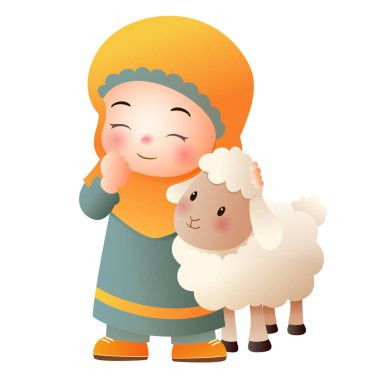 Bir koyunla ayakta duran tesettürlü, gülümseyen bir kızın hoş çizgi film çizimi. Beyaz arkaplanda izole edilmiş dostane renkli karakter tasarımı