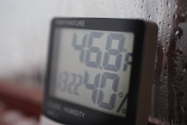 Hava sıcaklığı, çiy noktası, bir aygıt (hygrometer) ile nem ölçümü, cam üzerinde yoğunlaşma ile arka plan, yüksek nem