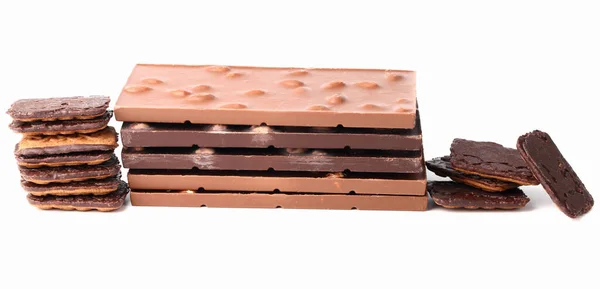 Σοκολάτα Μπαρ Ξηρούς Καρπούς Και Μπισκότα Τσιπ Σοκολάτας Closeup Λευκό — Φωτογραφία Αρχείου